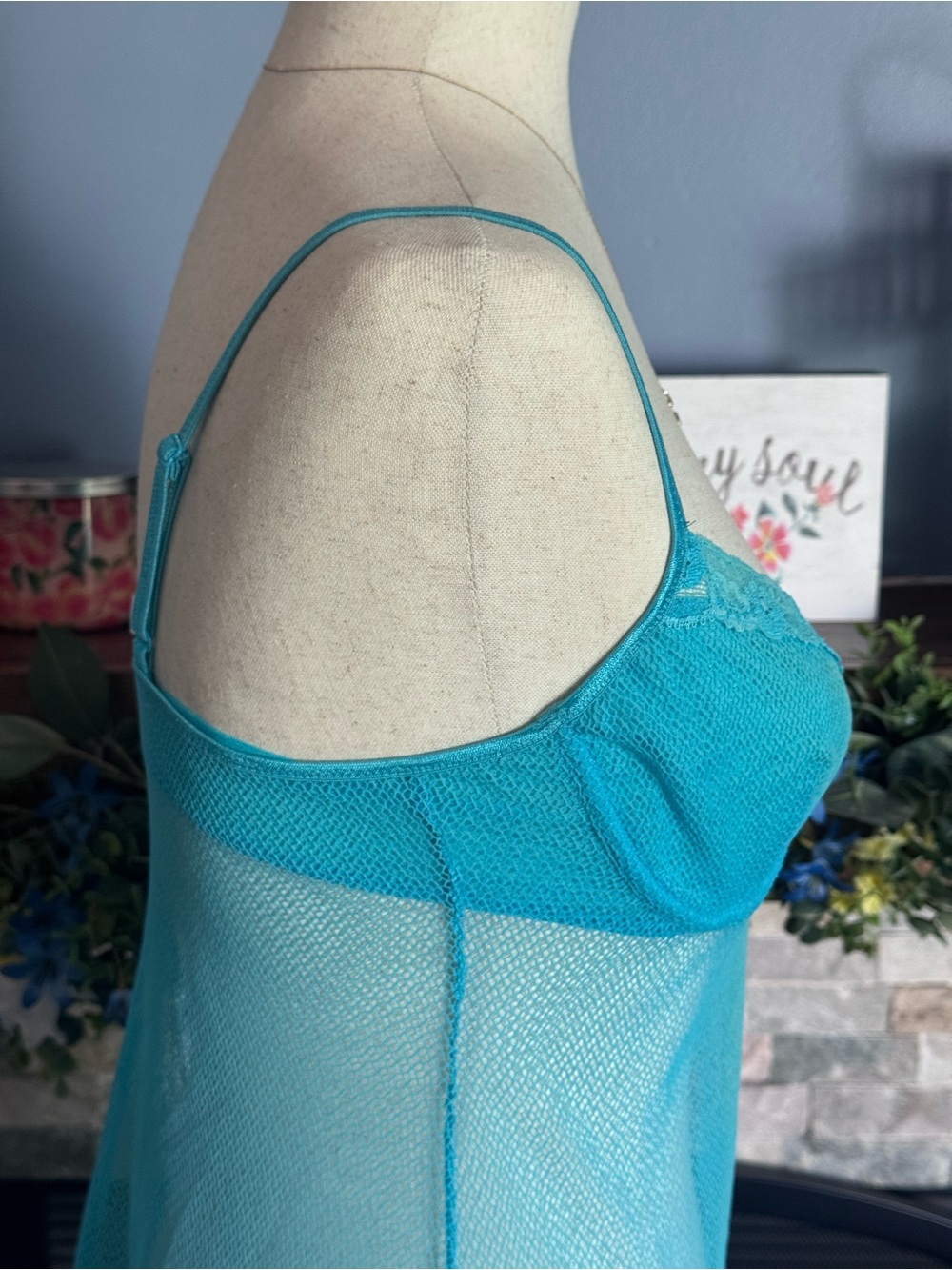 VTG Victoria’s Secret Aqua Blue Fishnet Underwire Babydoll Slip Dress 36C - Picture 6 of 11